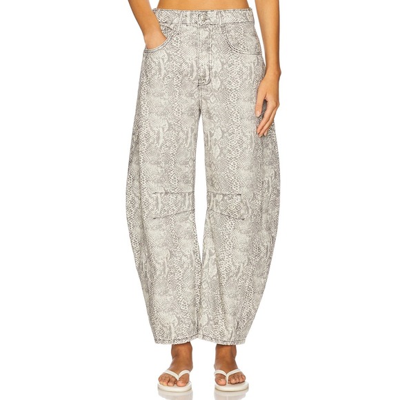 We The Free Denim - We The Free Good Luck Mid-Rise Barrel Jeans Snakeskin Print Grey White Size 28
